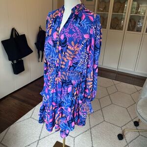 Like New Lilly Pulitzer Shilah Botanical Print Long Sleeve Tiered Dress EUC
